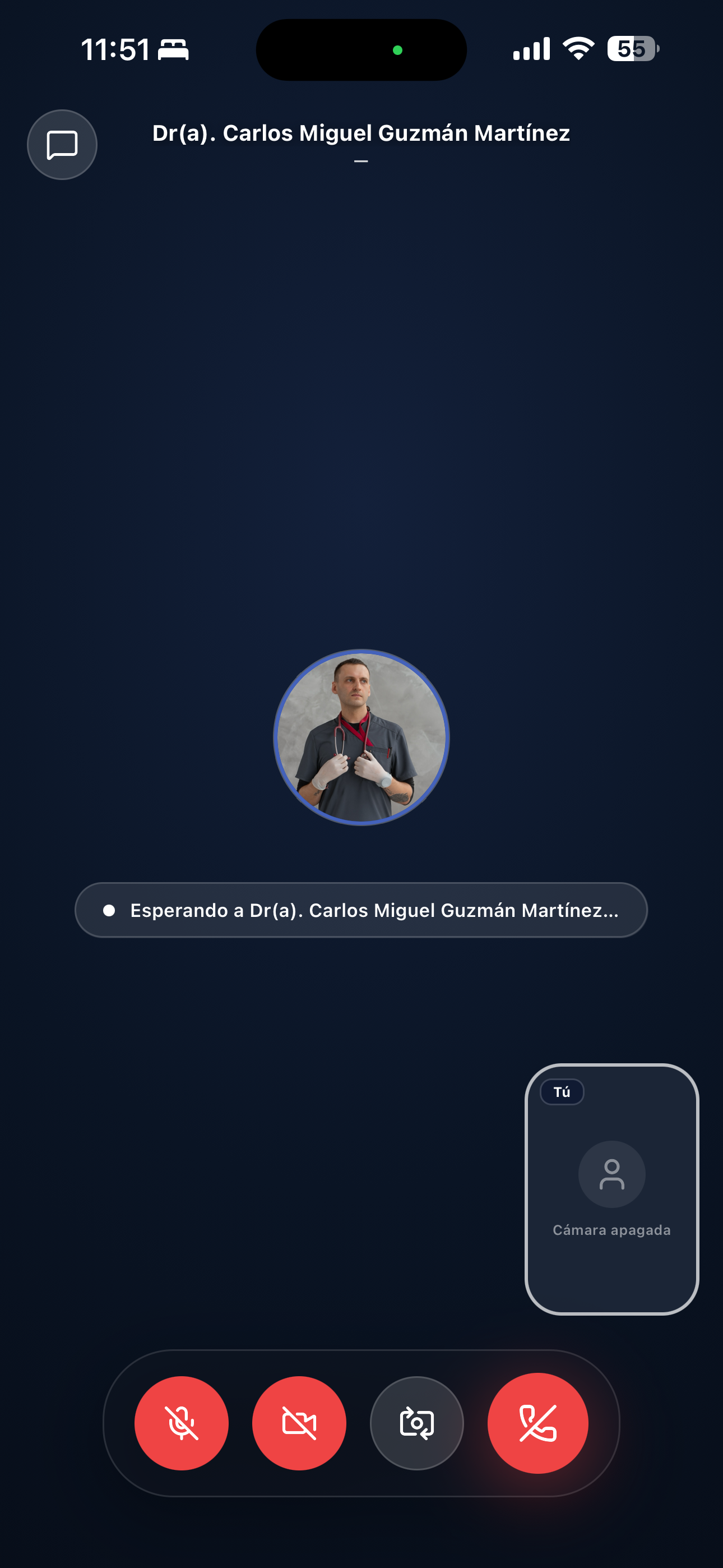 Videoconsulta en curso en la app VIPMed, con controles de micrófono, cámara y colgar